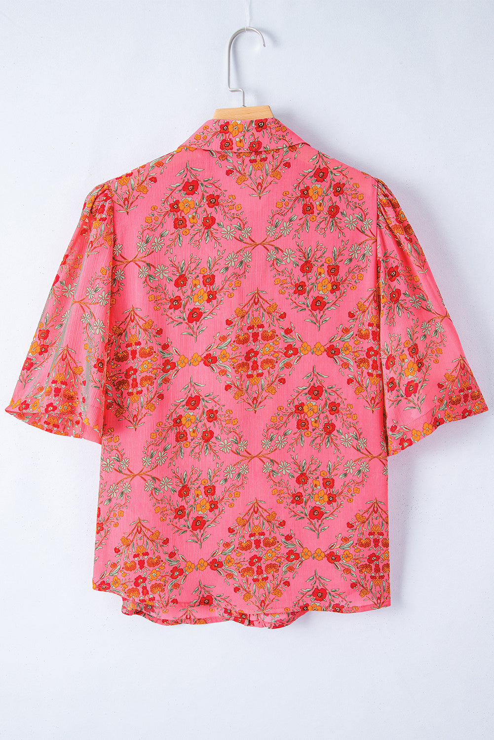 Floral Print Wide Short Sleeve Loose Shirt | Rose Red