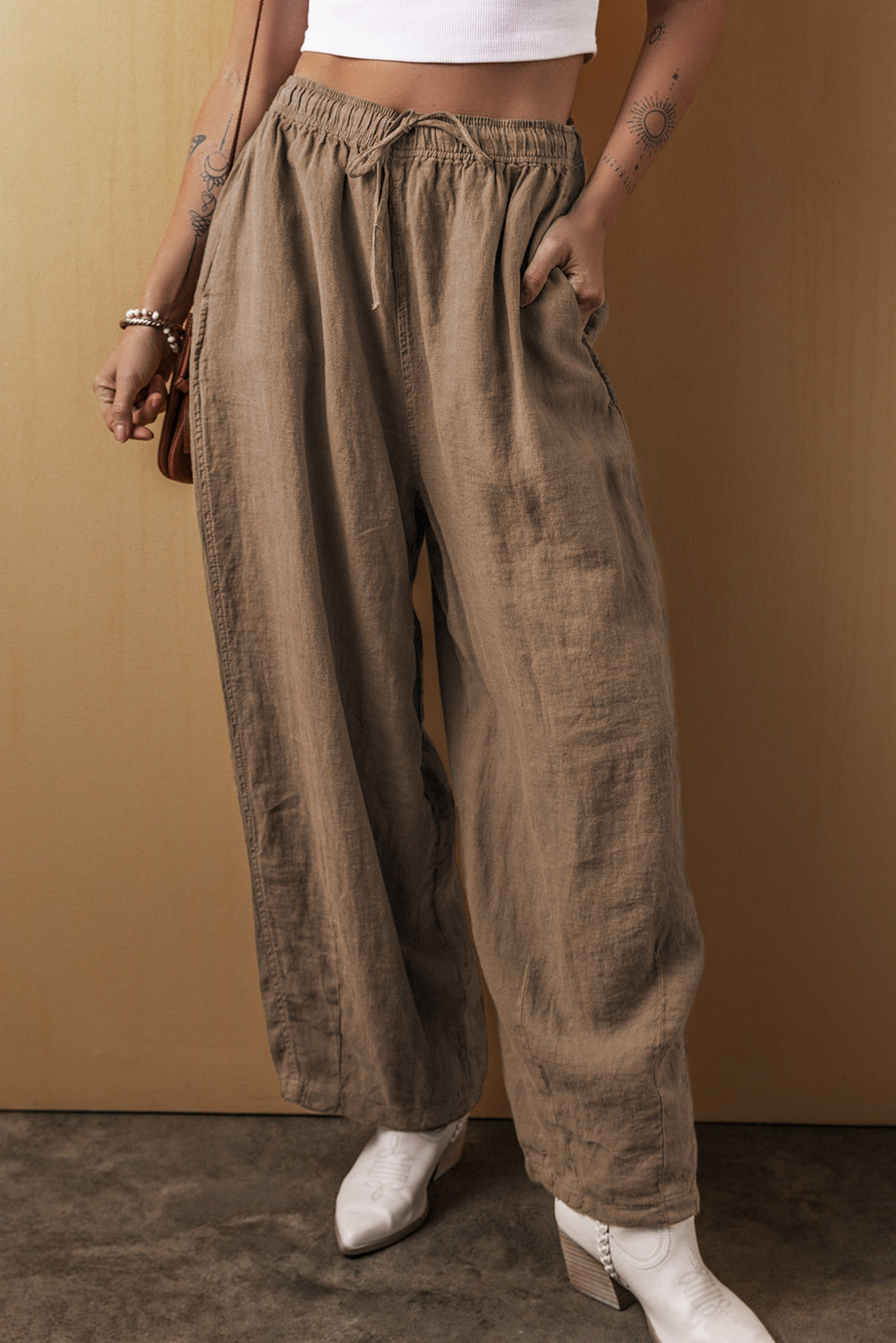 Cotton Linen Drawstring Waist Wide Leg Pants | Desert Palm