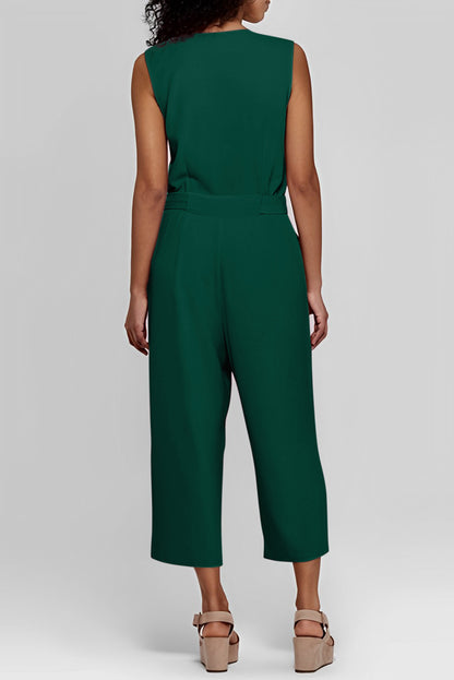 Buttoned Sleeveless Cropped Jumpsuit With Sash | Green