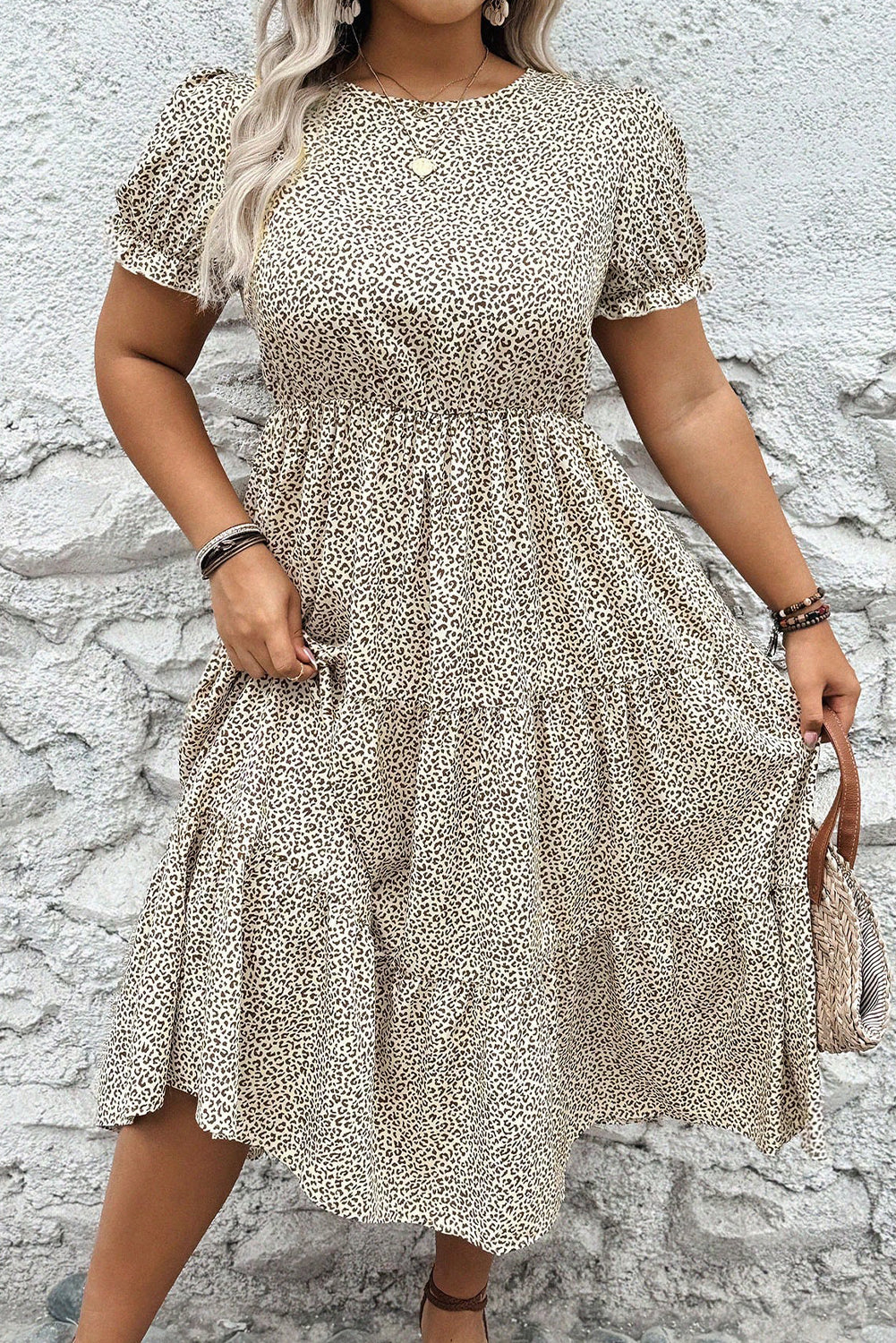 Plus Size Leopard Print Frill Trim Short Sleeve Flared Dress | Beige