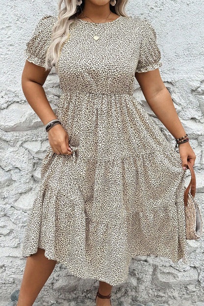 Plus Size Leopard Print Frill Trim Short Sleeve Flared Dress | Beige