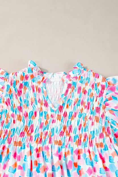 Shirred Yoke Ruffled Abstract Printed Blouse | Sky Blue