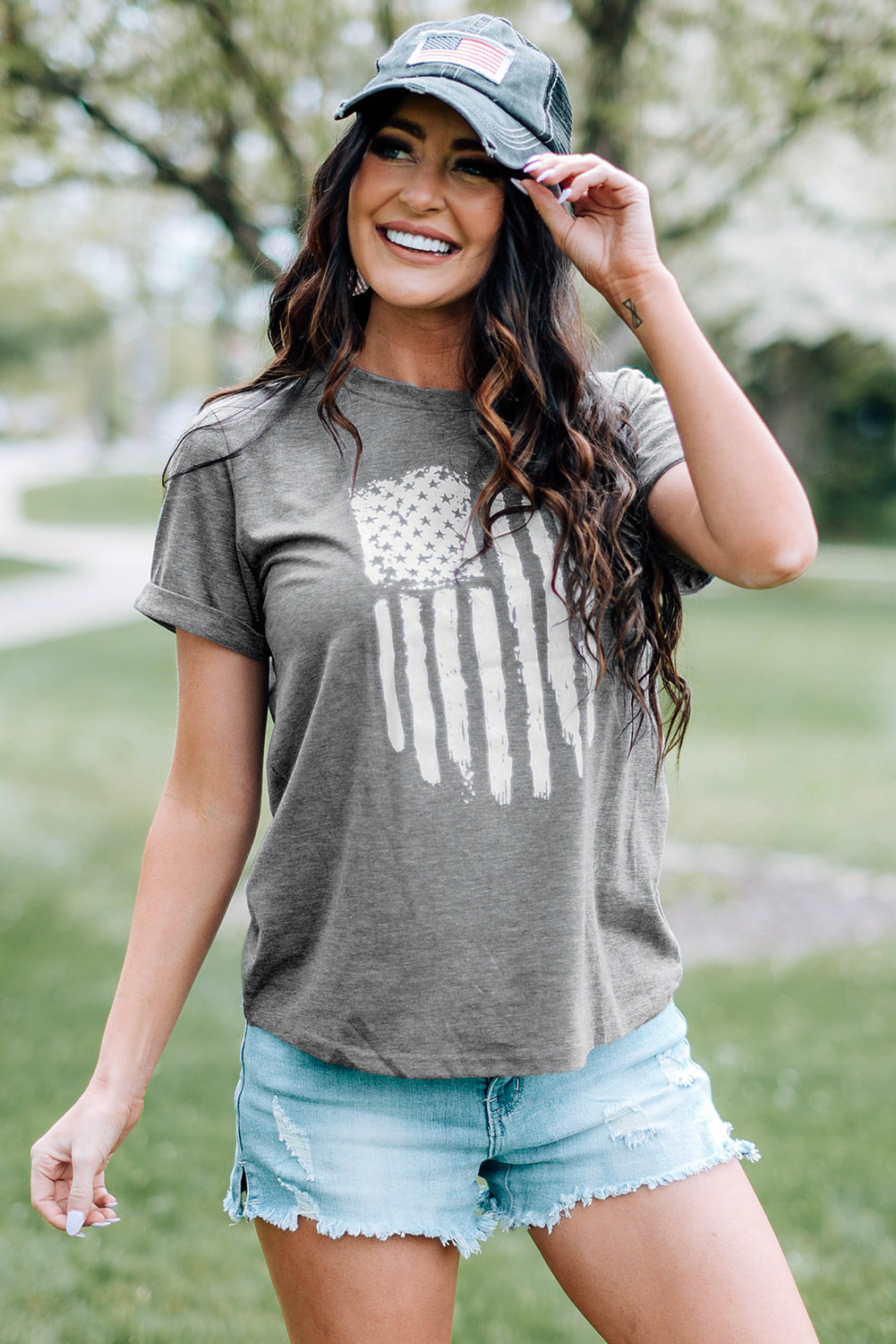 America Flag Print Crewneck T-Shirt | Gray