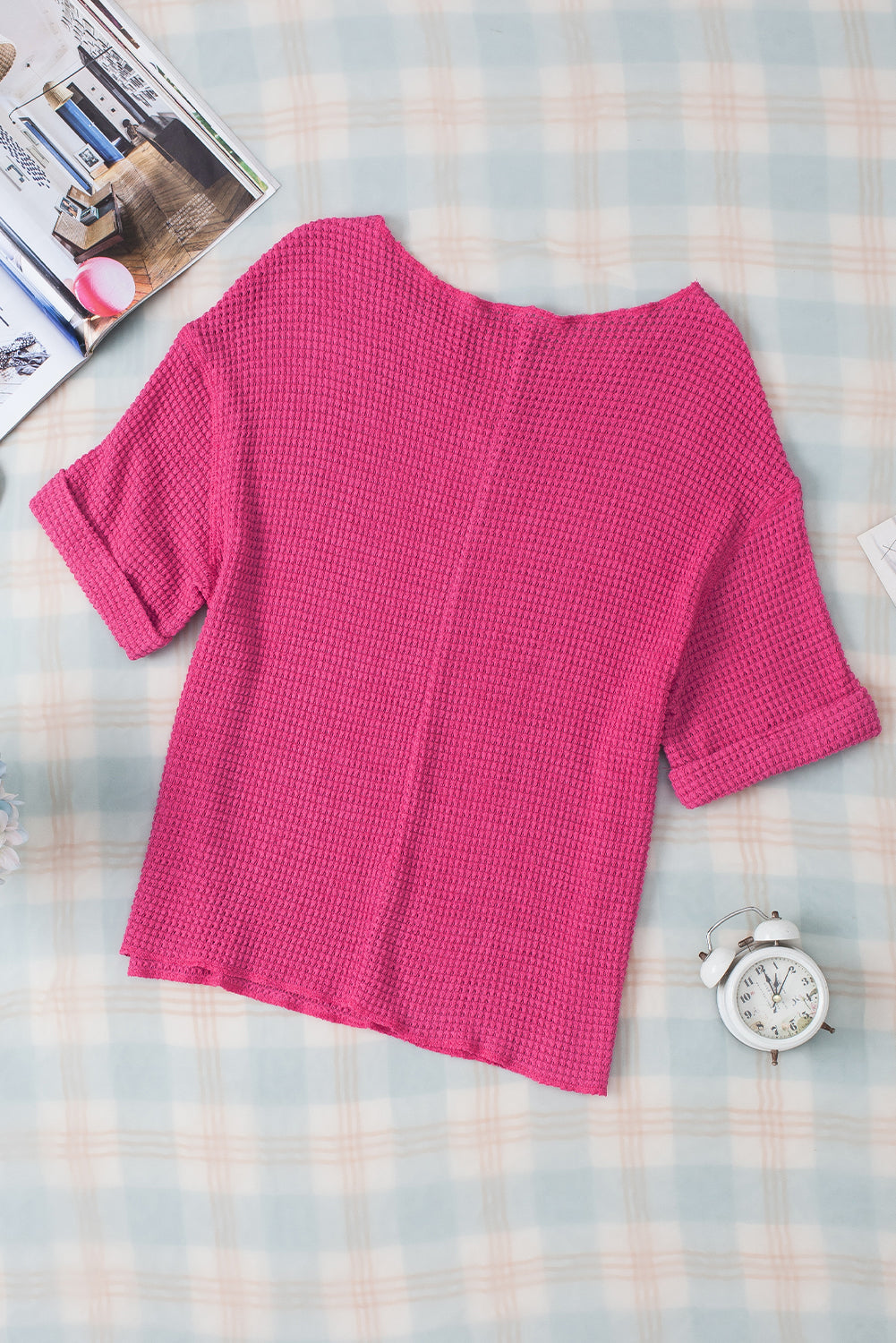 Textured Knit Split Neck Cuffed Short Sleeve Top | Strawberry Pink