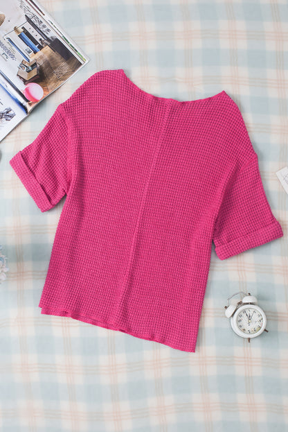 Textured Knit Split Neck Cuffed Short Sleeve Top | Strawberry Pink