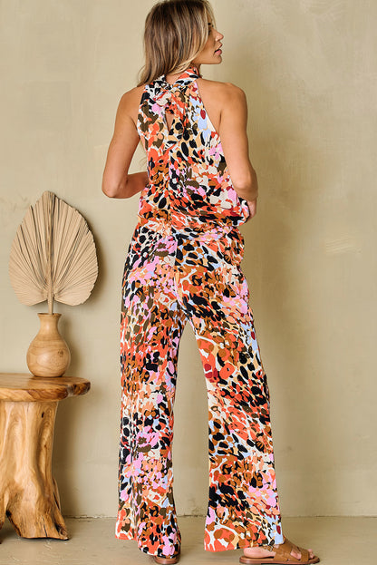 Multicolour Leopard Print Halter Tank Top And Pants Set | Black