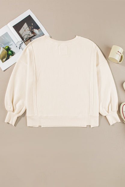 Waffle Knit Bishop Sleeve Split Oversized Top | White