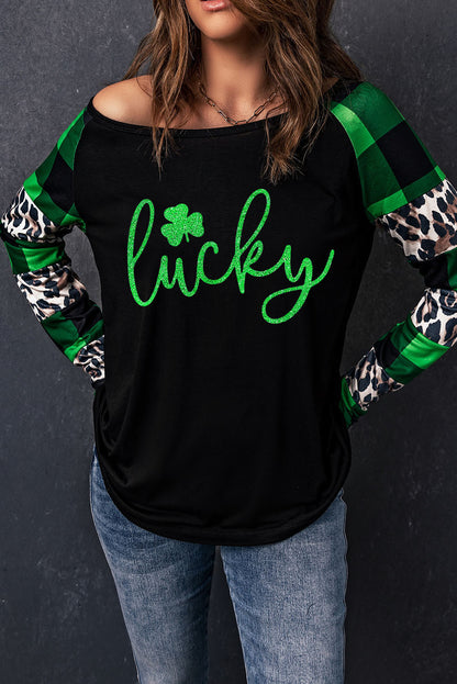 Lucky Clover Glitter Graphic Leopard Plaid Splicing Top | Green