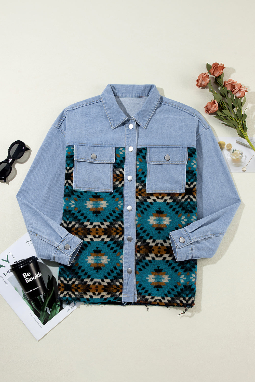 Aztec Printed Denim Jacket | Blue