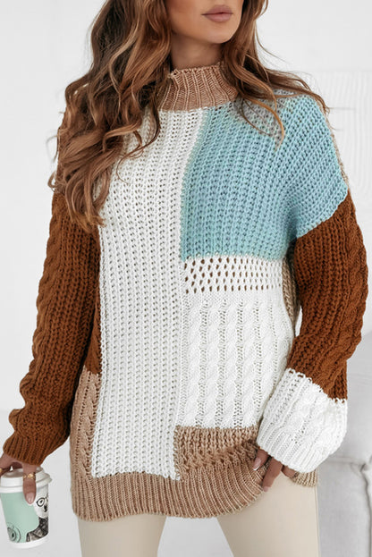 Mix Textured Knit Colourblock Patchwork Sweater | Khaki