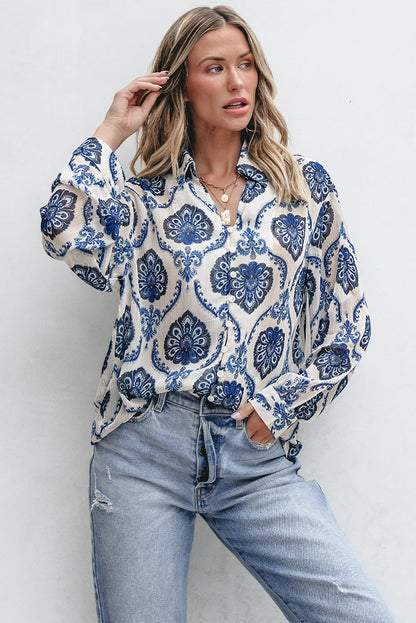 Tribal Pattern Buttoned Front Loose Shirt | Blue