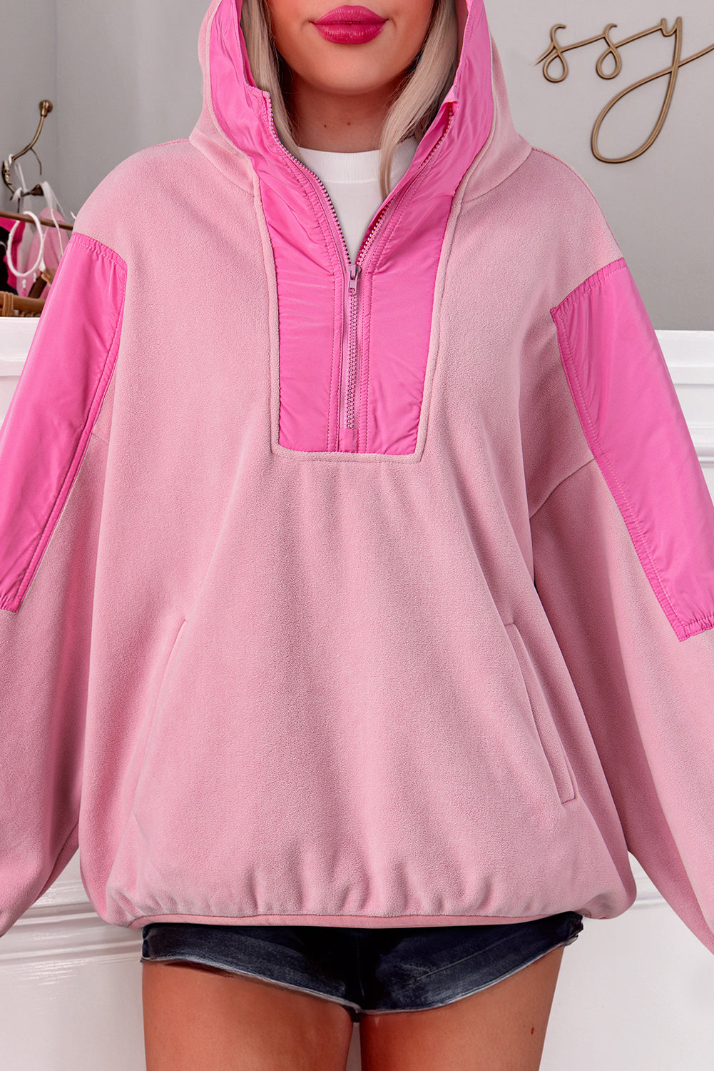 Pink Colorblock Patchwork Half Zip Oversized Sherpa Hoodie