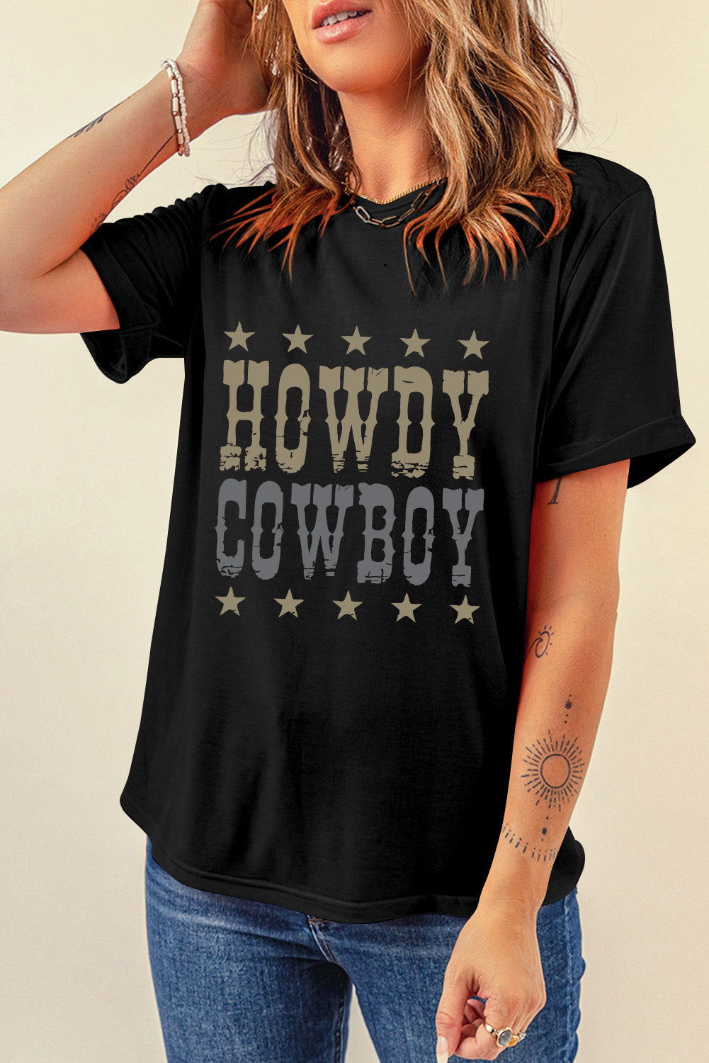 Howdy Cowboy Star Print Crew Neck Loose T Shirt | Black