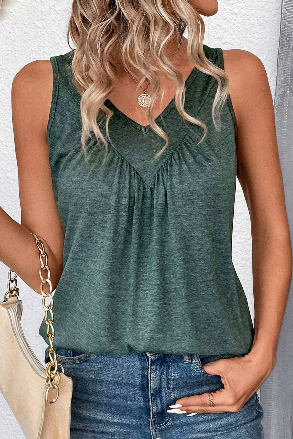 Mist Green V Neck Ruched Tank Top