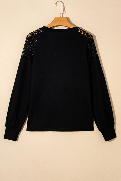 Lace Long Sleeve Textured Pullover | Black