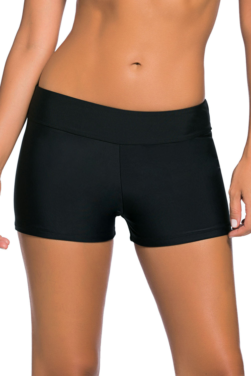 Black Wide Waistband Swimsuit Bottom Shorts