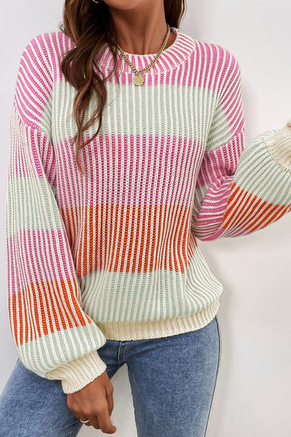 Colourblock Textured Knit Bubble Sleeve Sweater | Pink