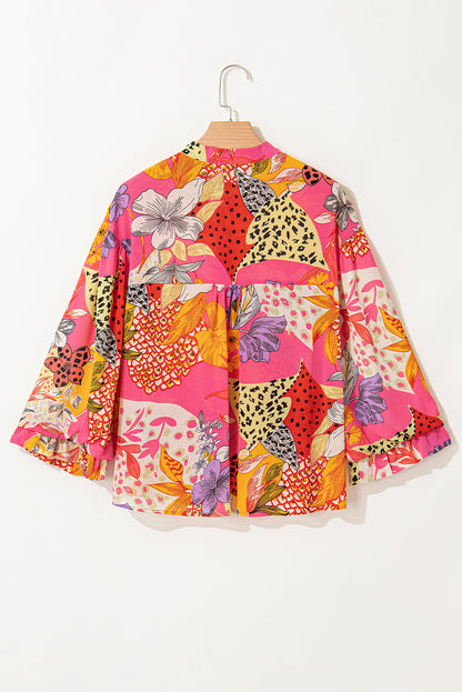 Abstract Floral Print Buttoned Ruffled Bubble Sleeve Shirt | Red