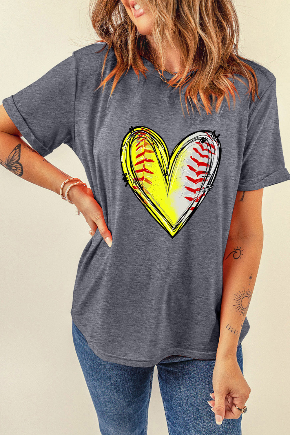 Baseball Heart Shape Print Crew Neck T Shirt | Gray