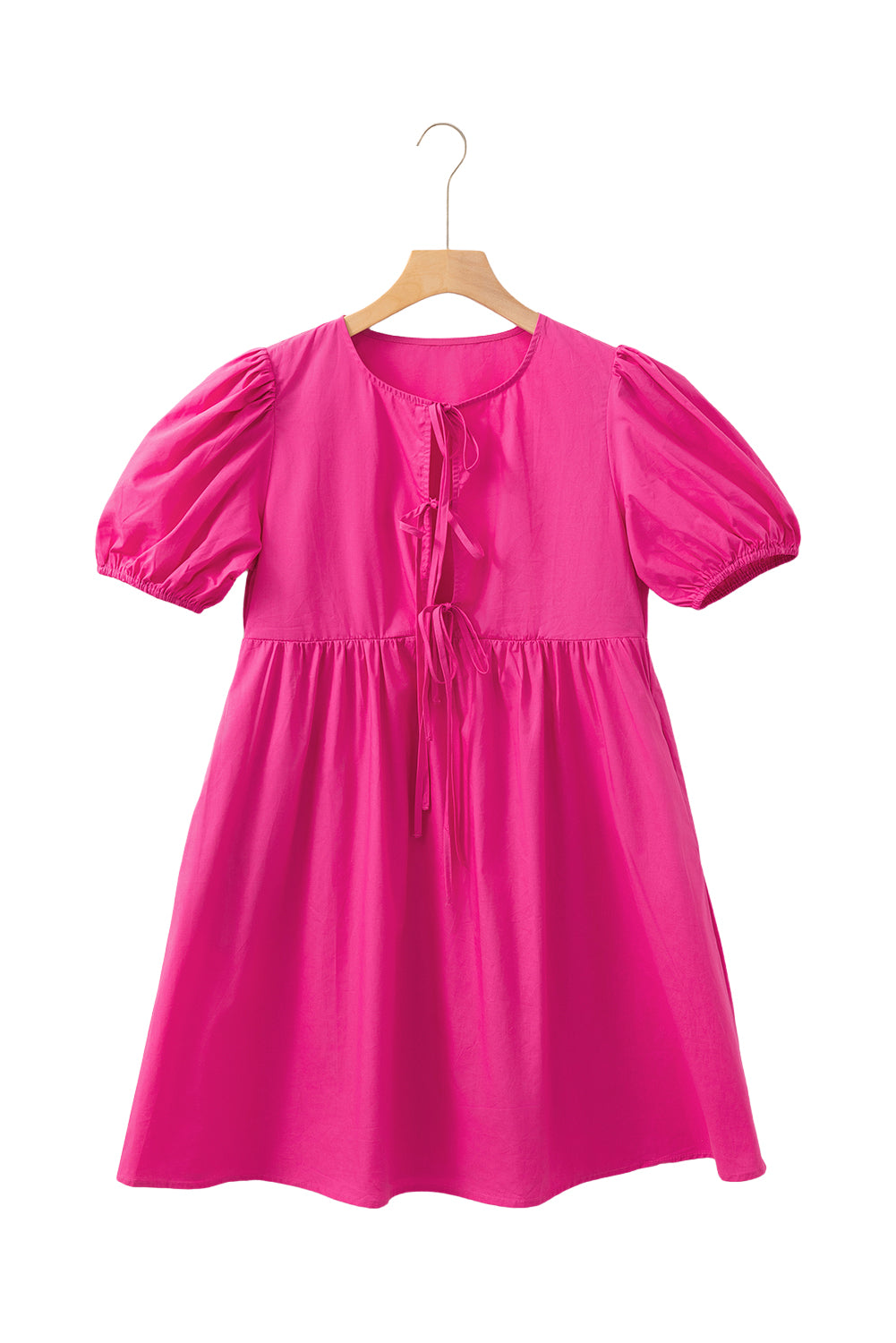 Solid Colour Puff Sleeve Tie Front High Waist Mini Dress | Bright Pink