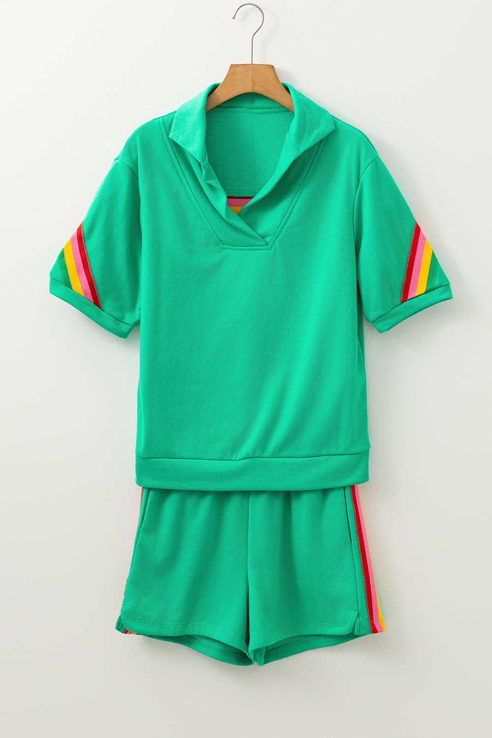 Rainbow Colourblock Collared Short Sleeve Top 2 Piece Shorts Set | Sea Green