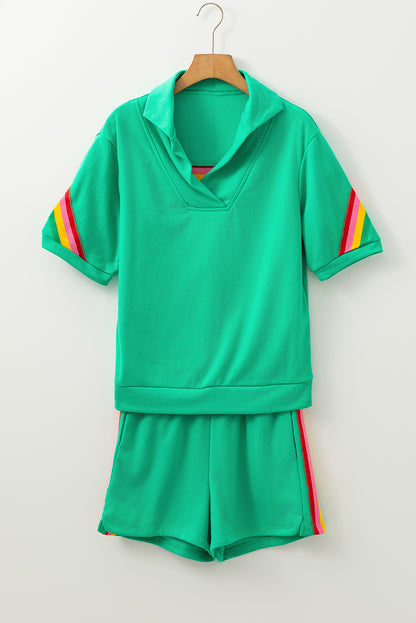 Rainbow Colourblock Collared Short Sleeve Top 2 Piece Shorts Set | Sea Green