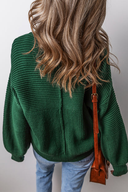 Textured Knit Crewneck Lantern Sleeve Sweater | Blackish Green