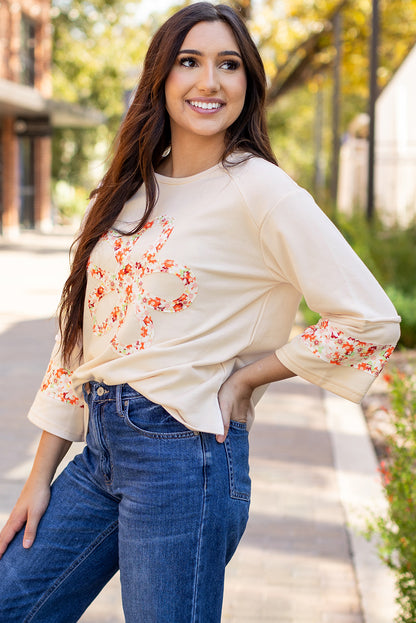 Flower Patch Graphic Exposed Seam Wide Sleeve Top | Beige