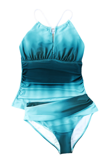 Oceanic Gradient Colour Peekaboo Halter Tankini Swimsuit | Sky Blue