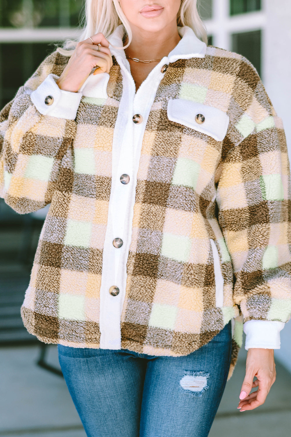 Plaid Sherpa Flap Pocket Shacket | Khaki