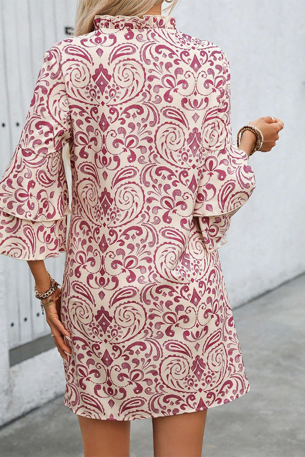 Paisley Print Tiered 3/4 Sleeve Notched Neck Mini Dress | Pink