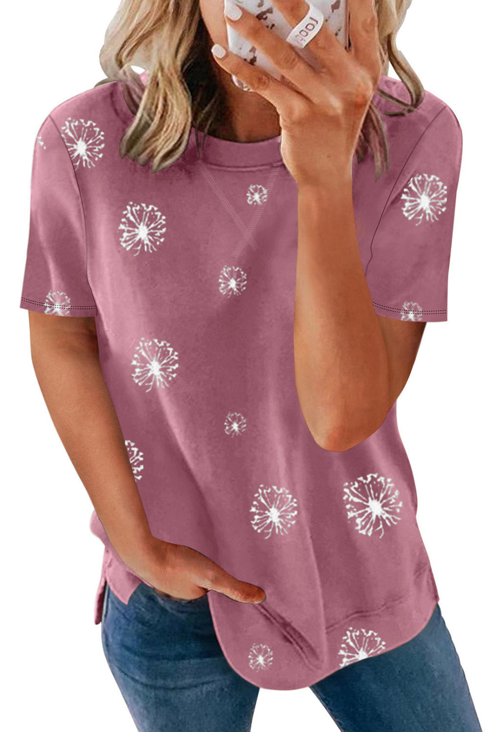 Dandelion Print Crew Neck T-Shirt | Pink