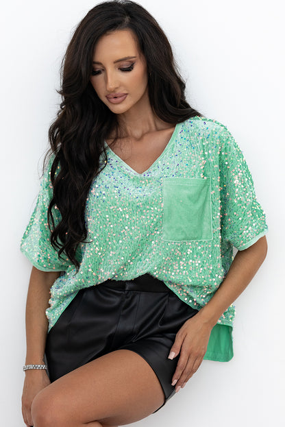 Sequin Batwing Sleeve V Neck Velvet Blouse | Moonlight Jade