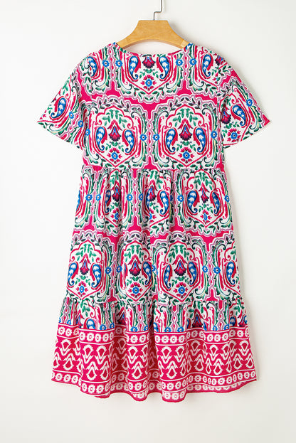 Bohemian Print Tie Neck Ruffle Hem Short Dress | Pink