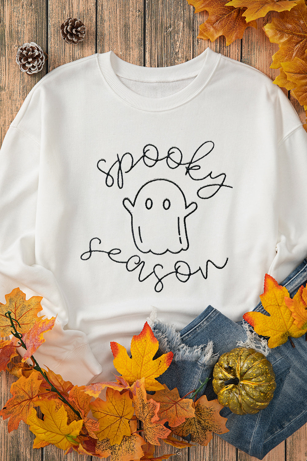 Cute Ghost Spooky Season Graphic Halloween Sweatshirt | Beige