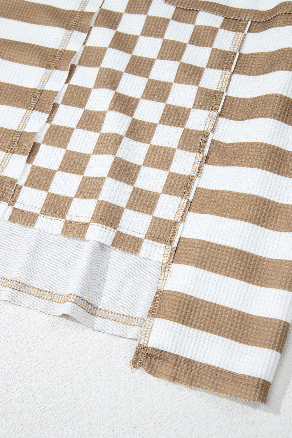 Checkerboard Striped Patchwork Lantern Sleeve Pocketed Blouse | Khaki