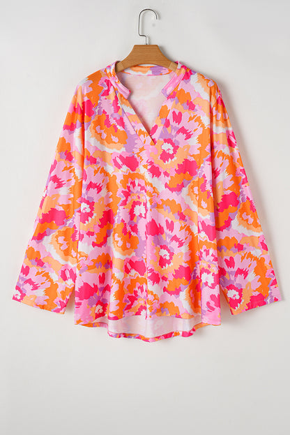 Plus Size Abstract Floral Print V Neck Blouse | Pink