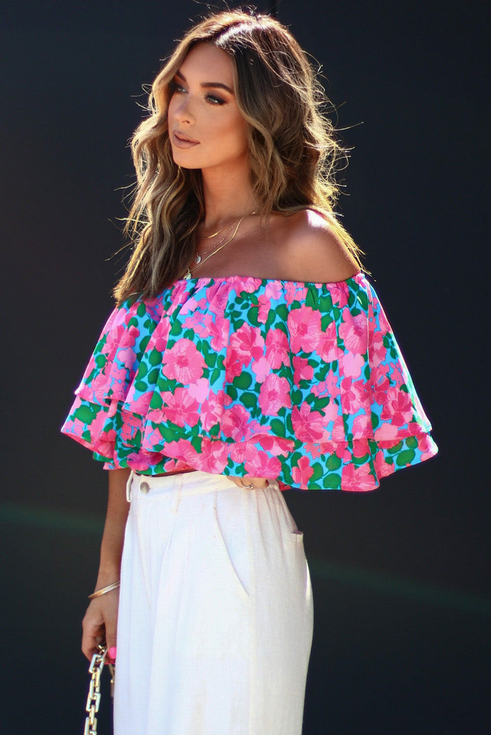 Floral Off-Shoulder Tiered Ruffle Blouse | Rose