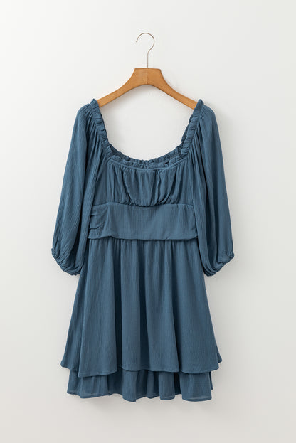 Frilled Neckline 3/4 Sleeve Layered Ruched Mini Dress | Real Teal