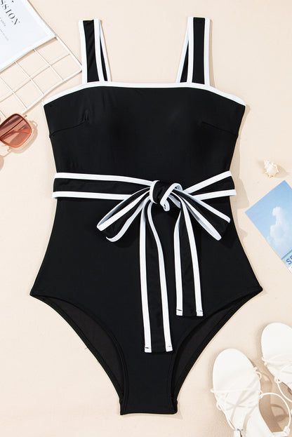 Colourblock Edge Belted One Piece Swimsuit | Black