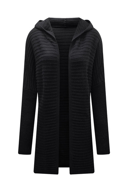 Horizontal Rib Knitted Open Front Hooded Cardigan | Black