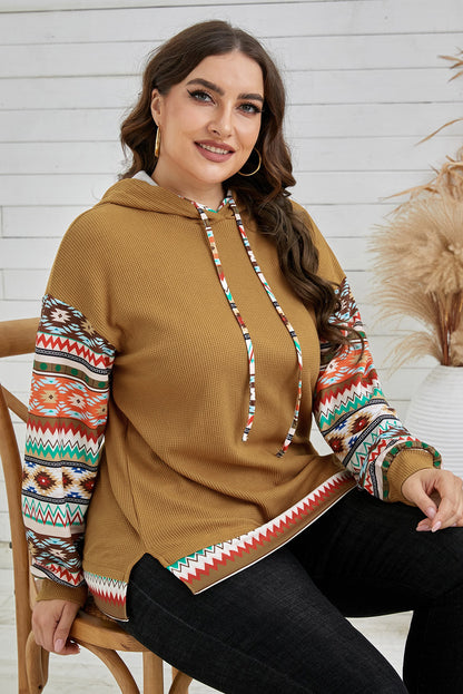 Texture Aztec Accent Plus Size Hoodie | Khaki