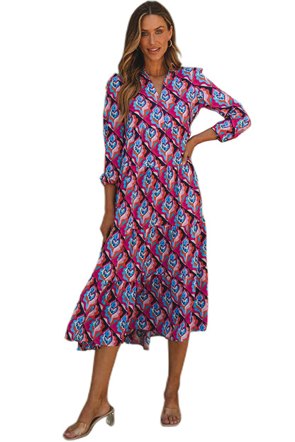 Abstract Geometric Print Long Sleeve High Waist Dress | Multicolour