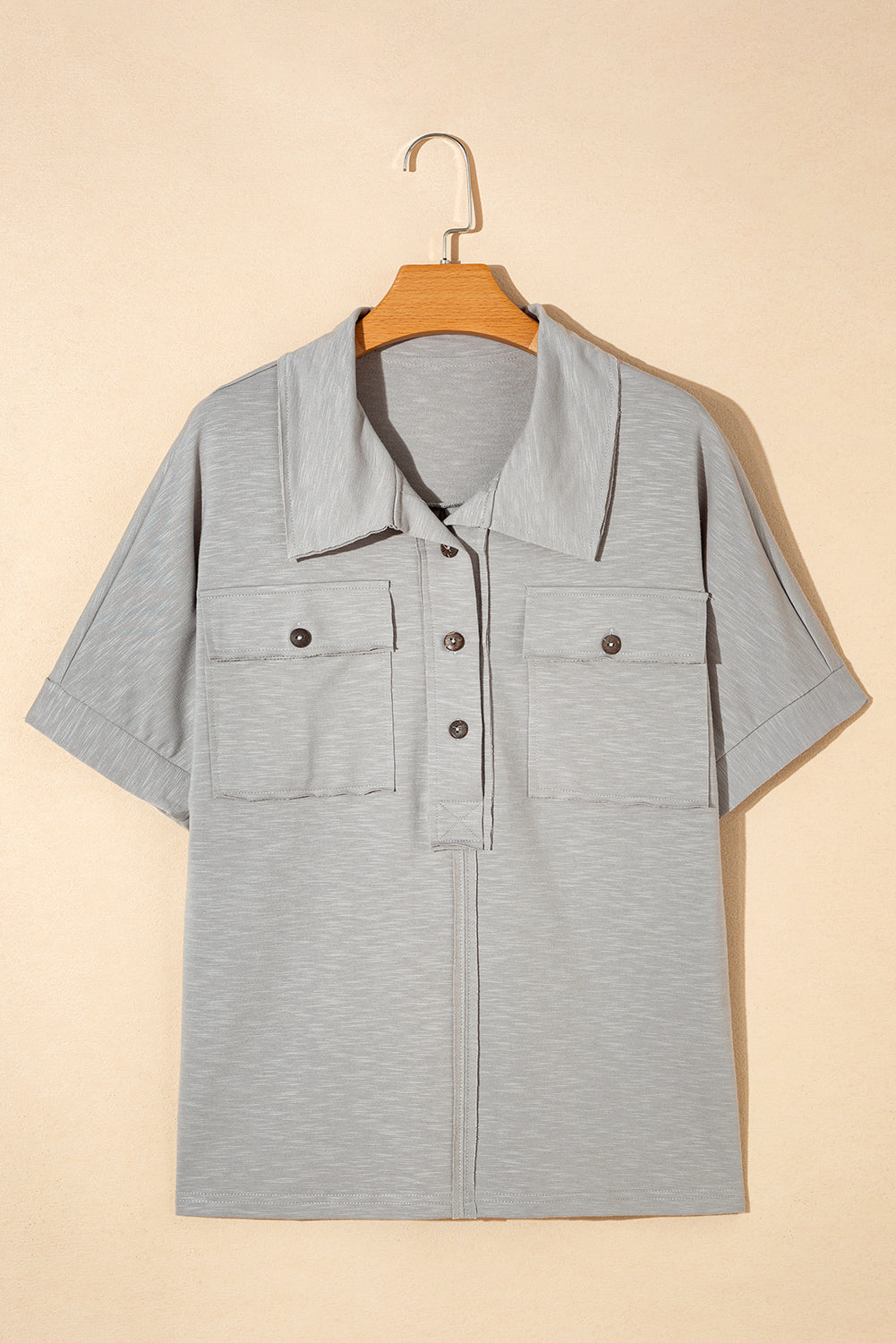 Chest Pockets Half Buttoned Collared Blouse | Light Grey