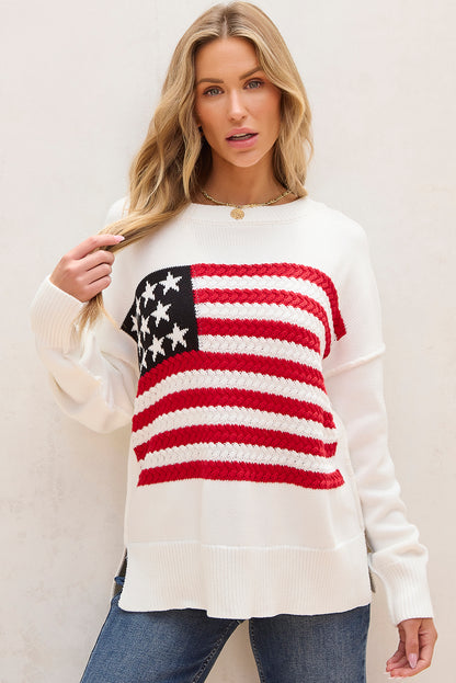 American Flag Cable Knit Drop Shoulder Sweater | White