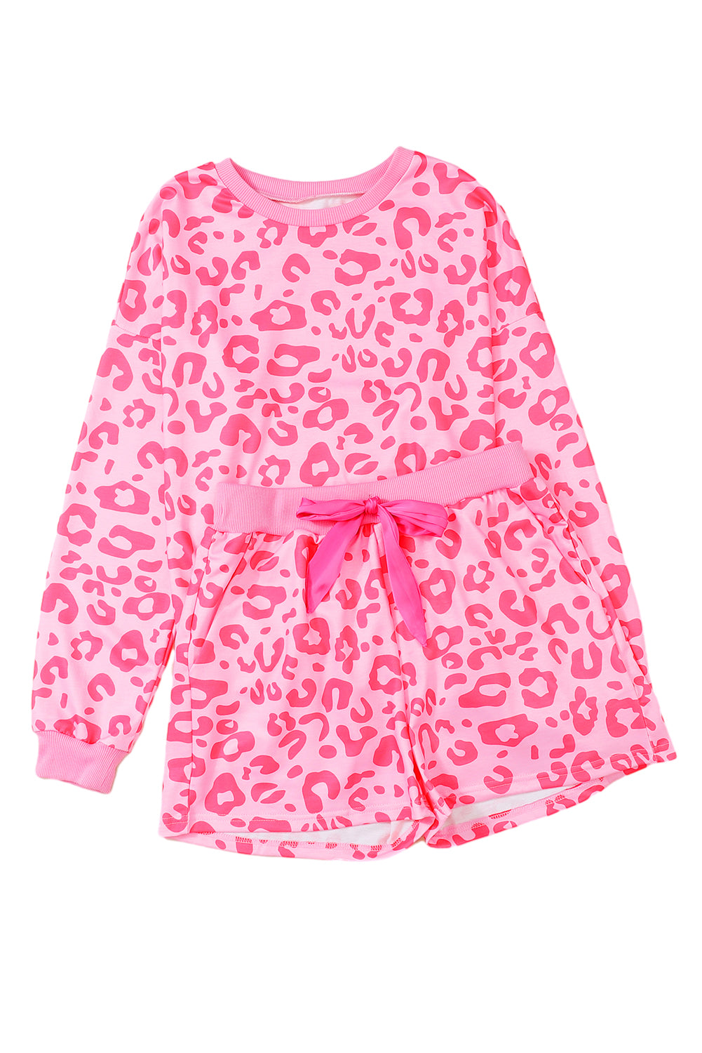 Leopard Long Sleeve Satin Tie Shorts Two Piece Set | Pink