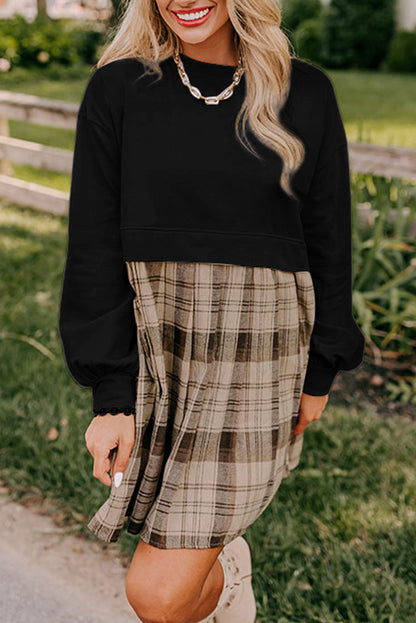 Plaid Patchwork High Waist Sweatshirt Mini Dress | Black