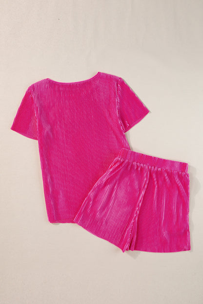 Casual Pleated Short Two-Piece Set | Bright Pink