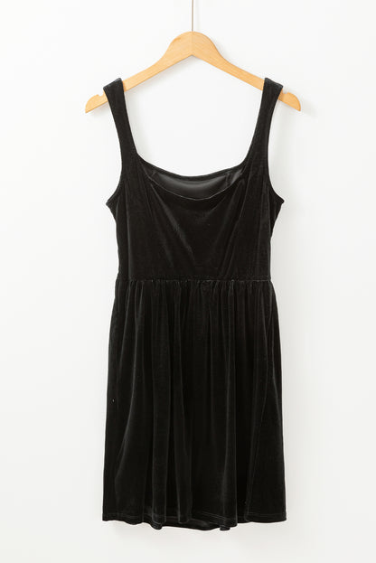 Velvet Square Neck Sleeveless High Waist Mini Dress With Pockets | Black