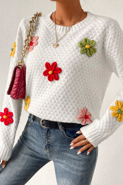 Colourful Flower Applique Textured Knit Sweater | White